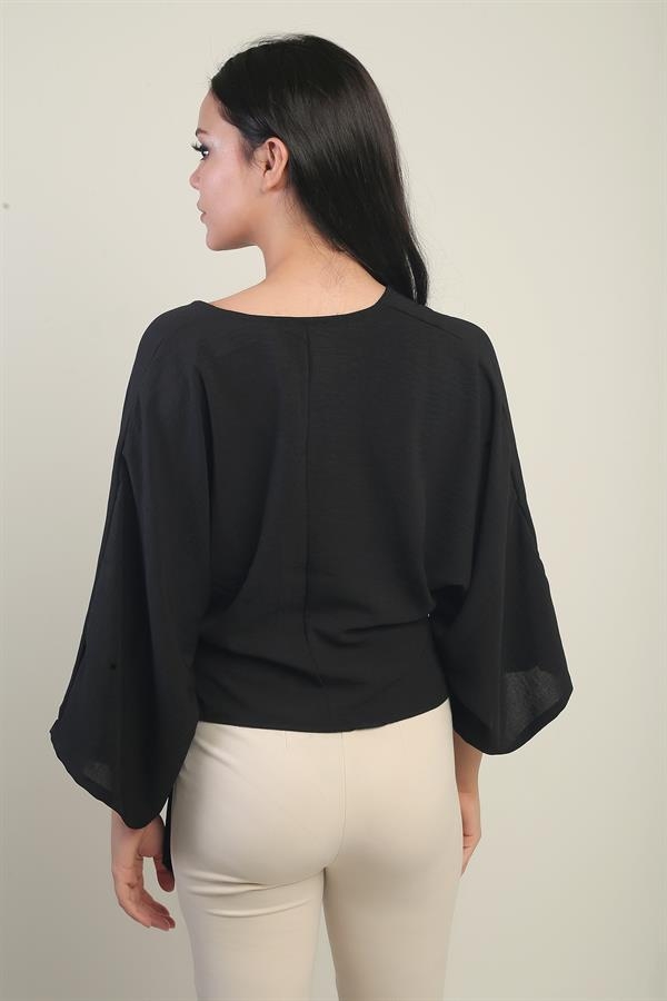 Kadın Kruvaze Yaka Kısa Ayrobin Bluz