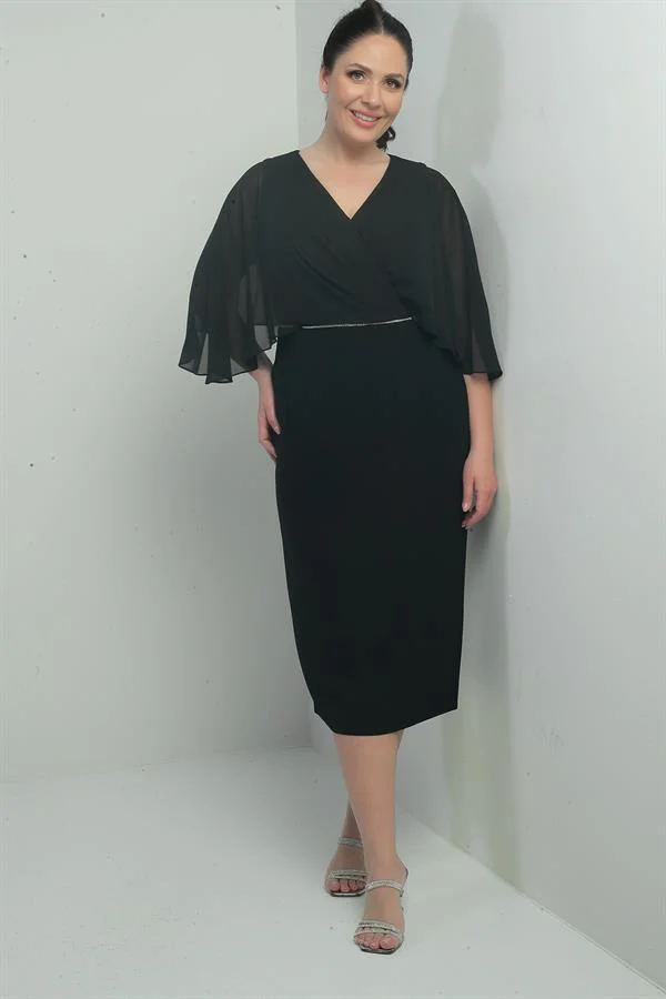 Robe mi-longue en crêpe grande taille pour femme, col en V, drapée, doublée, taille haute