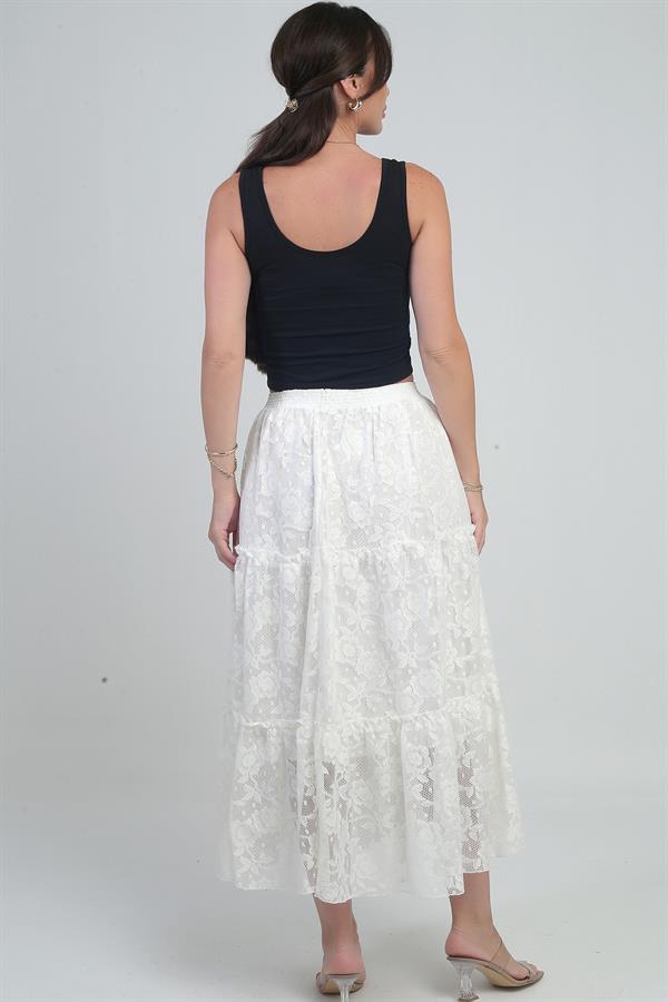 Kadın Beli Lastikli Astarlı Gül Desenli Tül Etek