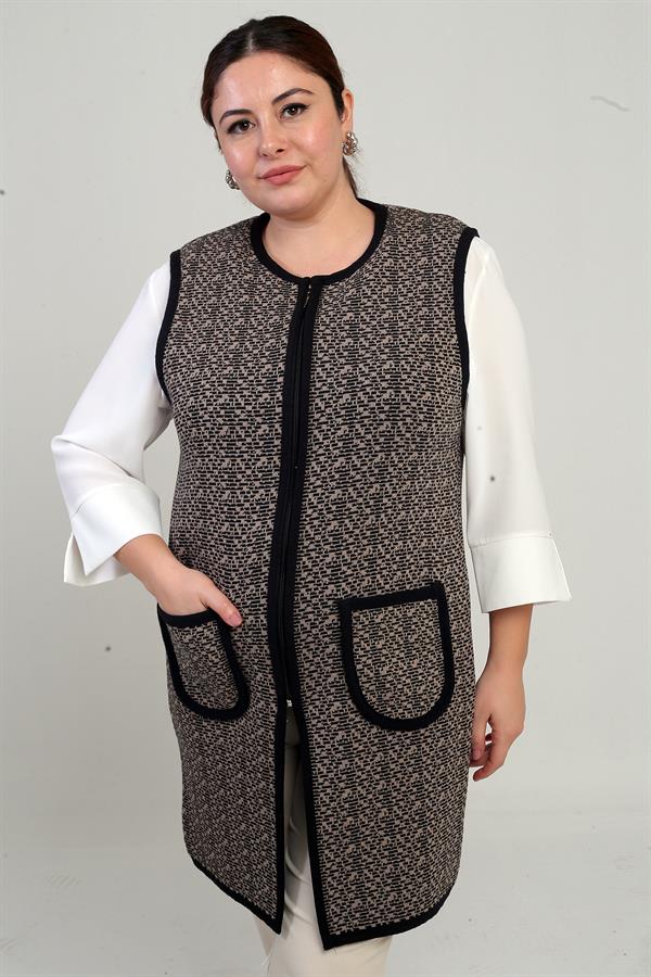 Gilet long en maille grande taille pour femme, avec fermeture éclair sur le devant et motif de poche
