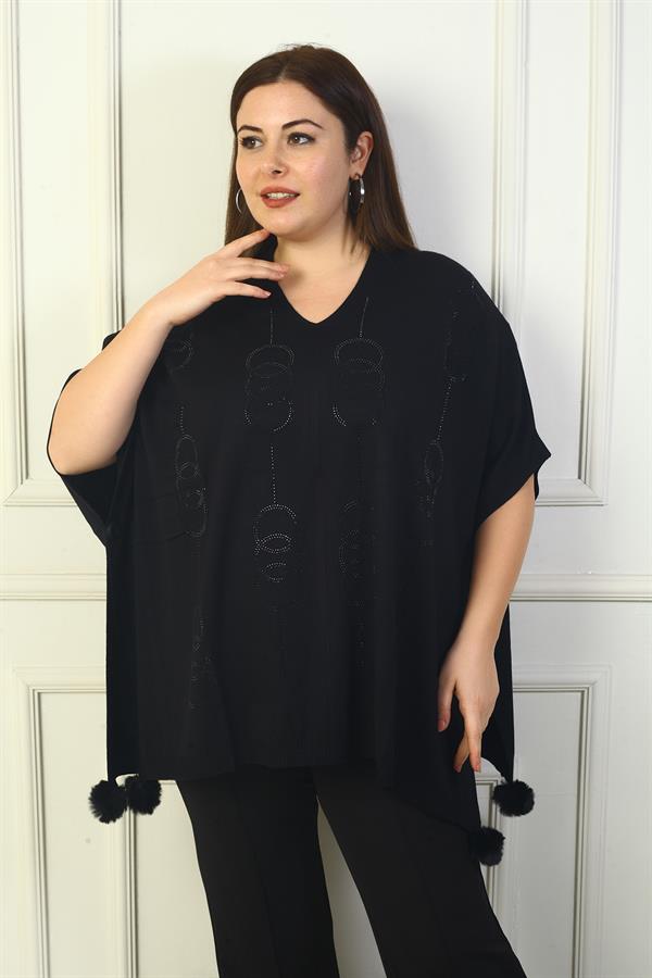 Poncho pour femme à col en V avec détails de boutons sur les côtés, devant rond, orné de pierres et de pompons, grandes tailles.