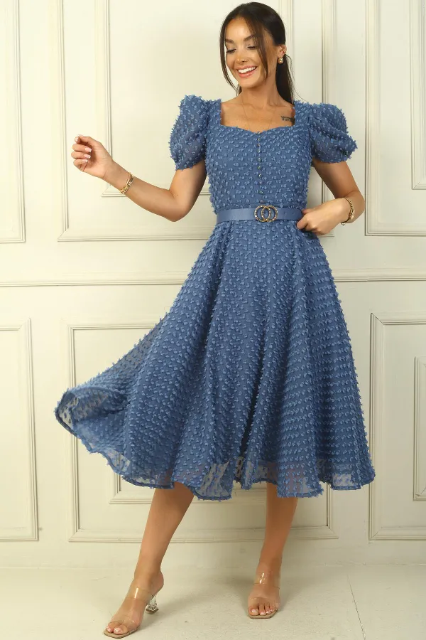 Balloon Sleeve Midi Length Lined Waist Belted Patchwork Fabric Dress