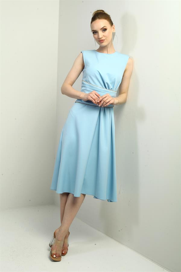 Robe midi évasée drapée en crêpe pour femme, ornée de pierres à la taille