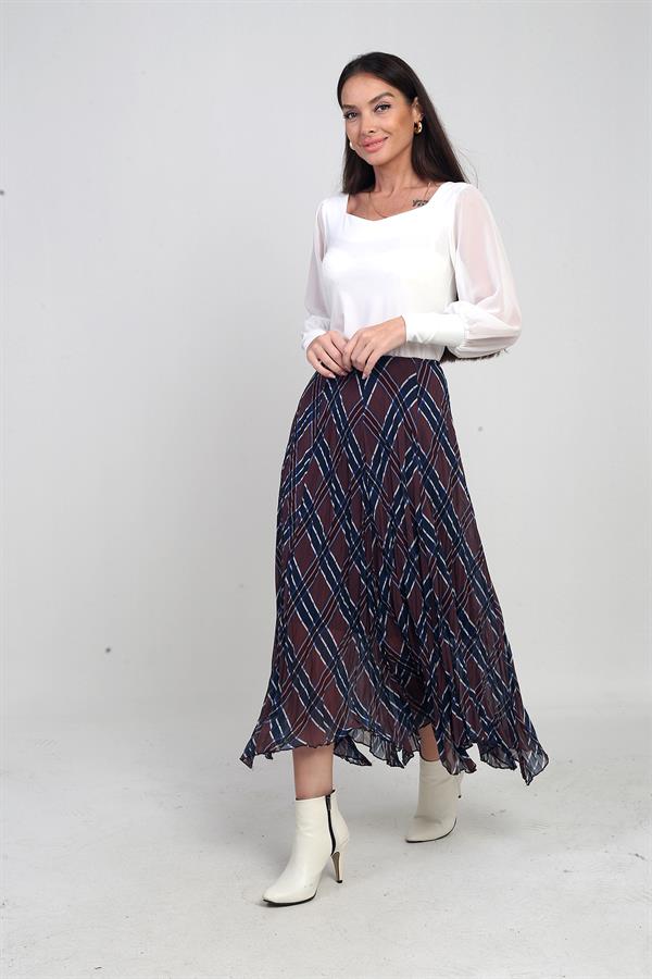 Jupe midi triangle en maille à carreaux doublée et taille élastique pour femme