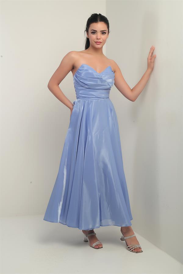 Women's V-Neck Strapless Lined Organza Satin Midi Dress