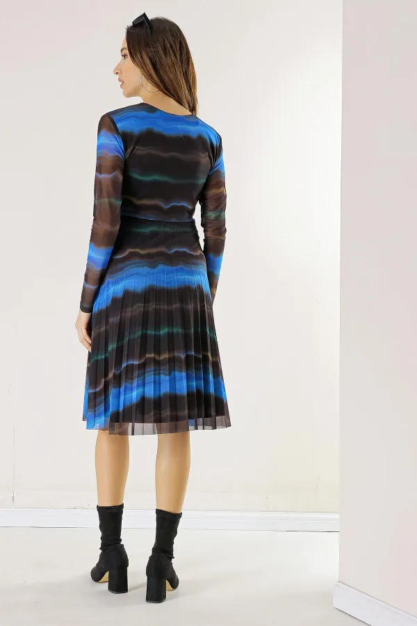 Double-Breasted, Lined, Front Knotted Wave Pattern Pleated Tulle Dress