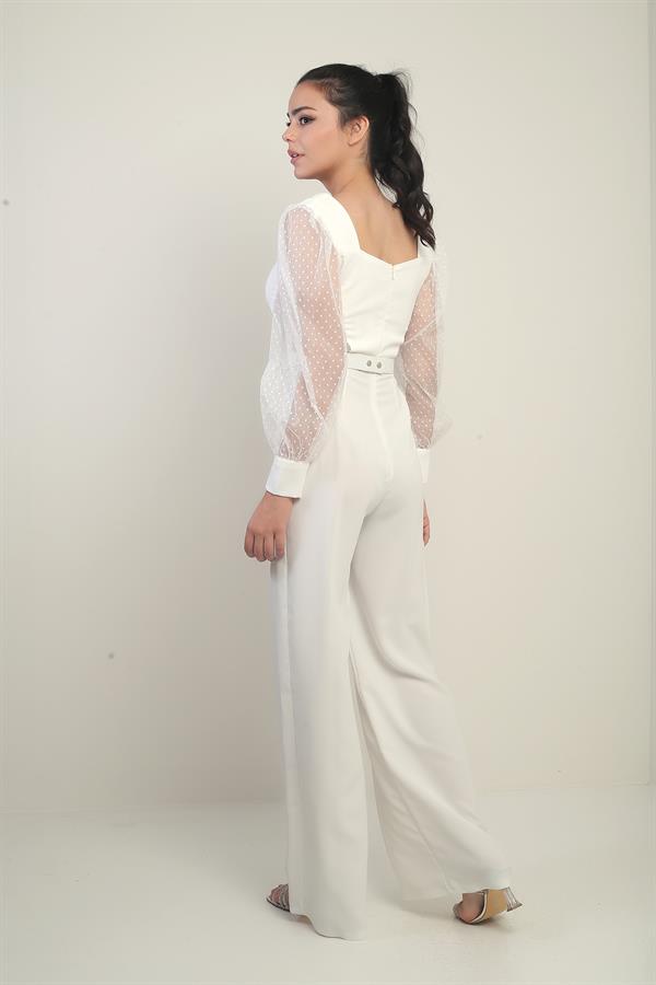 Women's Sweetheart Neckline Long Tulle Sleeved Belted Palazzo Crepe Jumpsuit