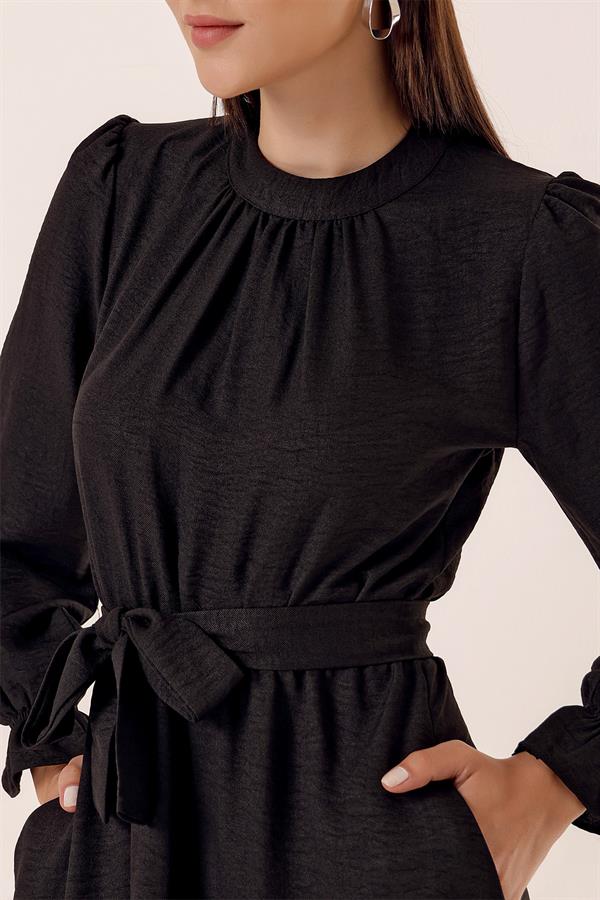 Beli Kuşaklı Yandan Cepli Keten Efekt Uzun Elbise