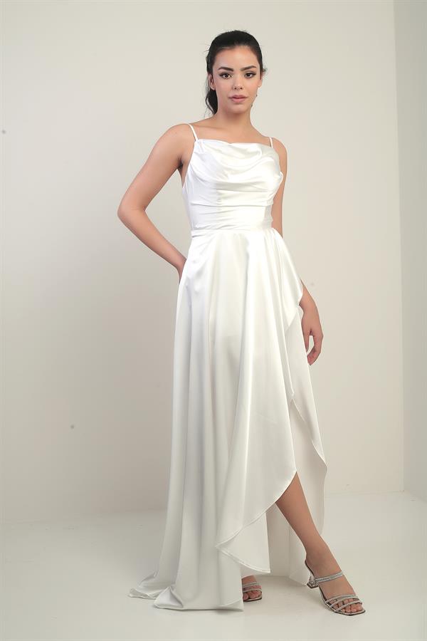 Robe longue en satin pour femme, à bretelles, laçage au dos, doublée et à volants.