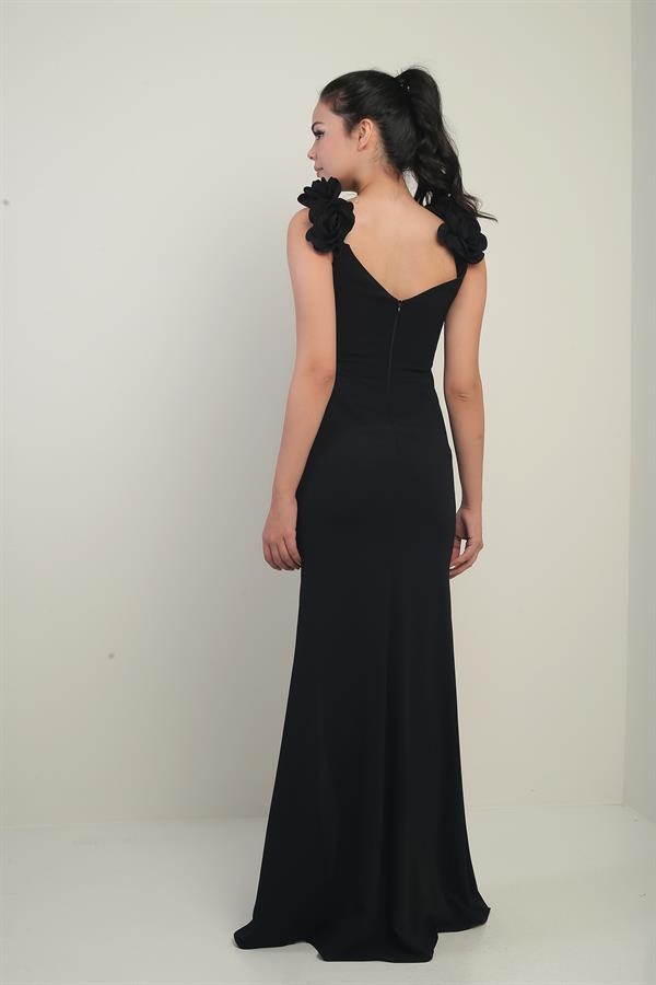 Women's Madonna Collar Floral Detailed Front Draped Long Dress