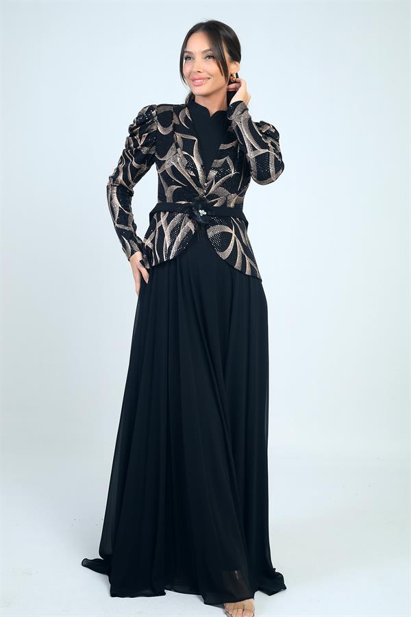 Kolları Büzgülü Güllü KEmer Detaylı Astarlı Üstü Yaldızlı Şifon Elbise