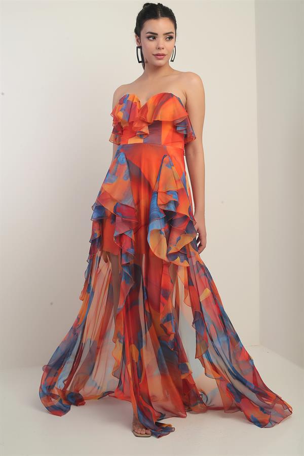 Kadın Straplez Astarlı Büyük Çiçekli Volanlı Şifon Uzun Elbise