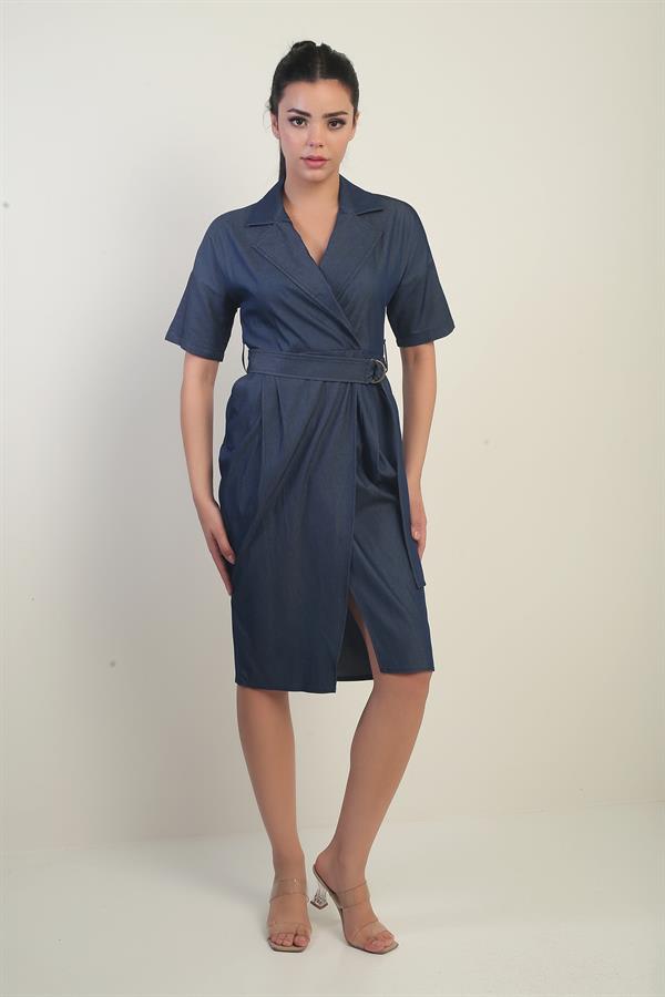 Women's Short Lycell Denim Dress with Jacket Collar, Belted Waist, and Pockets