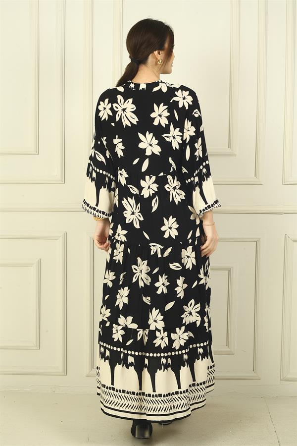 Women's Half-Front Floral Patterned Ruffled Oversize Long Dress