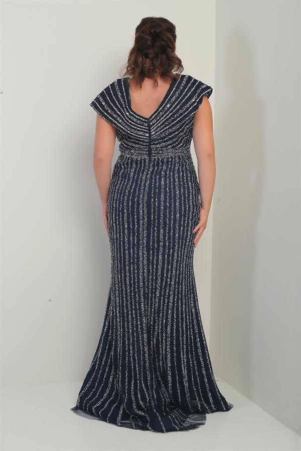 Kadın Ön Arka V Yaka Taş Baskılı Astarlı Büyük Beden Balık Elbise