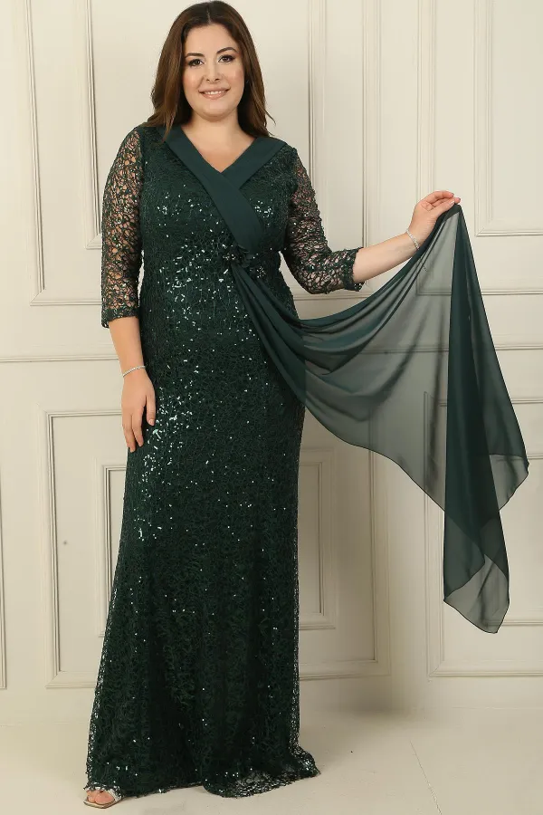 V Yaka File Kumaş Üstü Şifon B.Beden Elbise