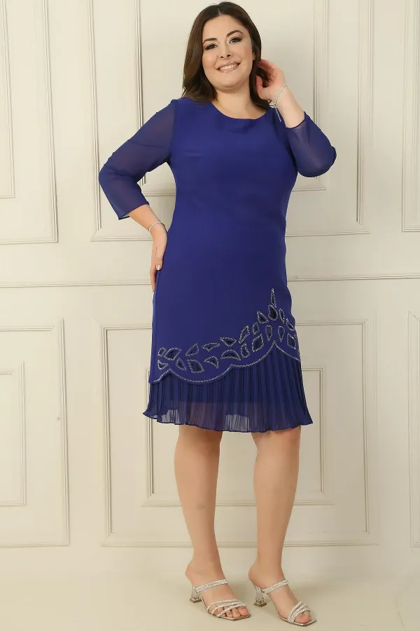 Plus Size Crepe Dress with Chiffon Pleated Sleeves and Stone Detail on the Hem