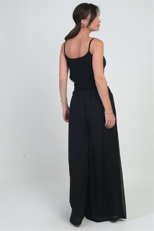 Pantalon palazzo en mousseline doublée, taille élastique, bordure latérale à sequins, pour femme