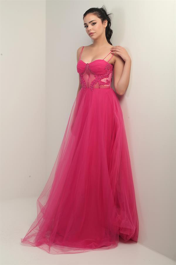 Kadın İp Askılı astarlı Göğüs Pliseli Boncuk İşlemeli Uzun Prenses Elbise