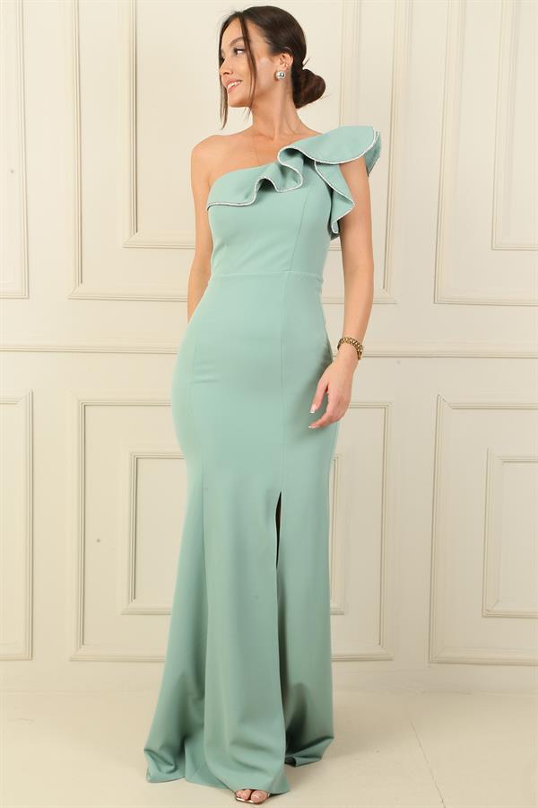 Tek Omuz Şerit Taşlı Eteği Yırtmaçlı Astarlı Uzun Krep Abiye Elbise