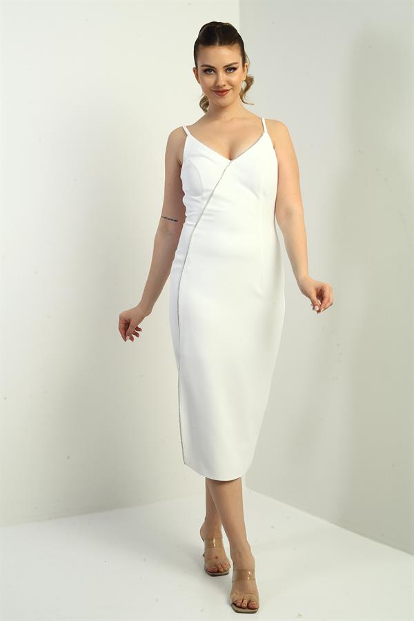 Kadın İp Askılı Önü Şerit Taş Detaylı Midi Krep Elbise