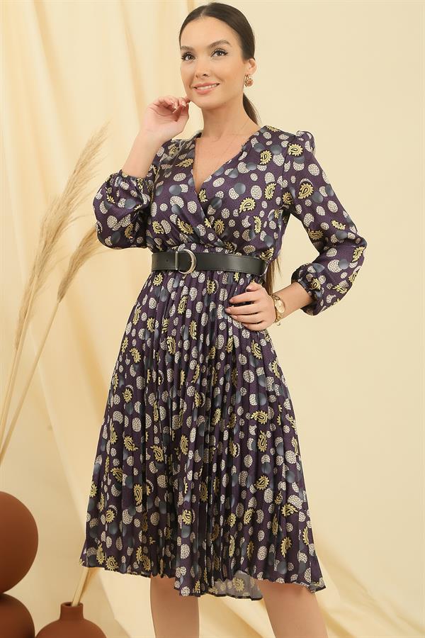 Wrap Neck, Belted Waist, Lined, Shawl Patterned Pleated Satin Dress