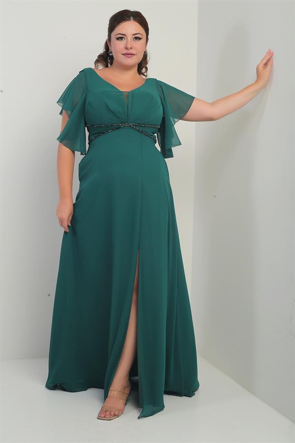 Robe en mousseline grande taille pour femme, décolleté en V devant et dos, manches à volants, ceinture doublée et poches.
