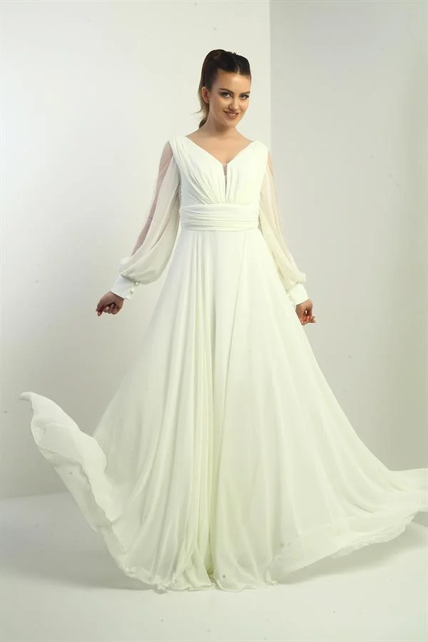 Ön Arka V Yaka Önü Drapeli Kolları Tül Astarlı Geniş Beden Aralıklı Uzun Şifon Elbise