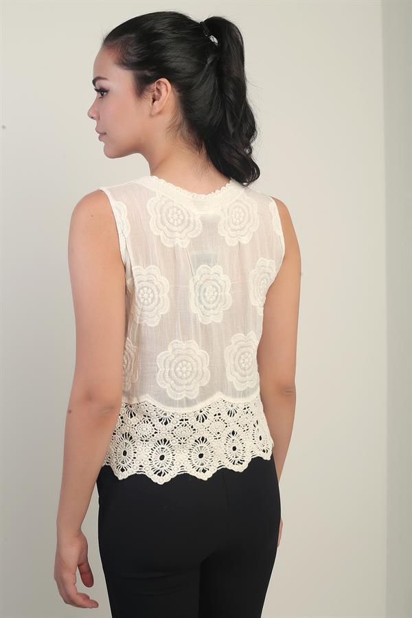 Women's V-Neck Button-Front Embroidered Skirt with Lace Trim Vest