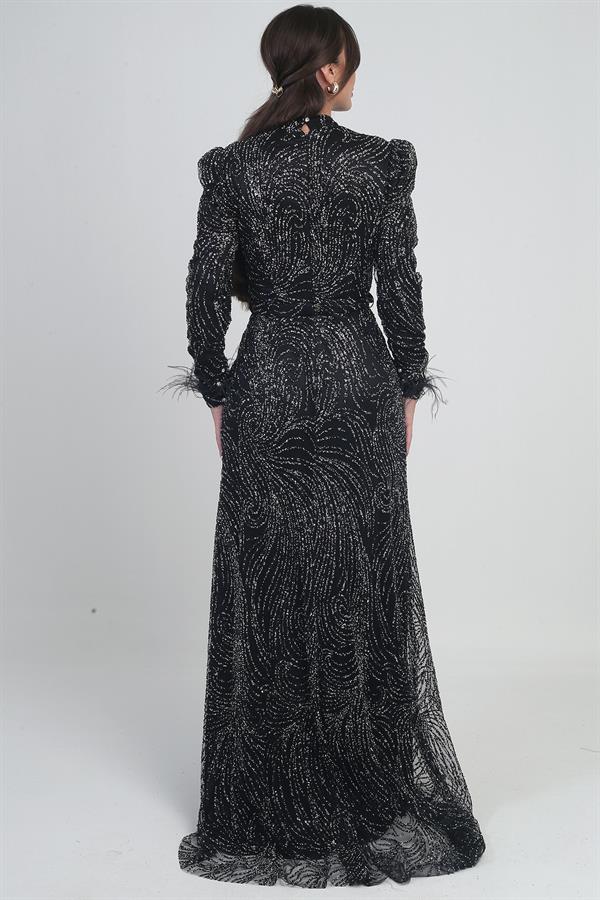 Robe longue en tulle pour femme avec doublure ornée de plumes, de perles et de sequins