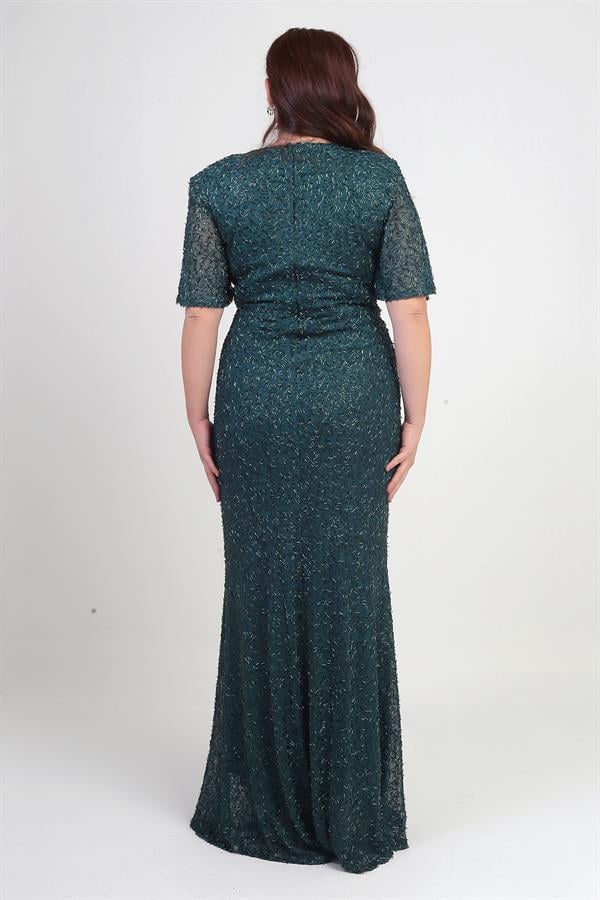 Kadın V Yaka Astarlı Önü Düğüm Detaylı Boru Boncuk İşlemeli Büyük Beden Uzun Elbise