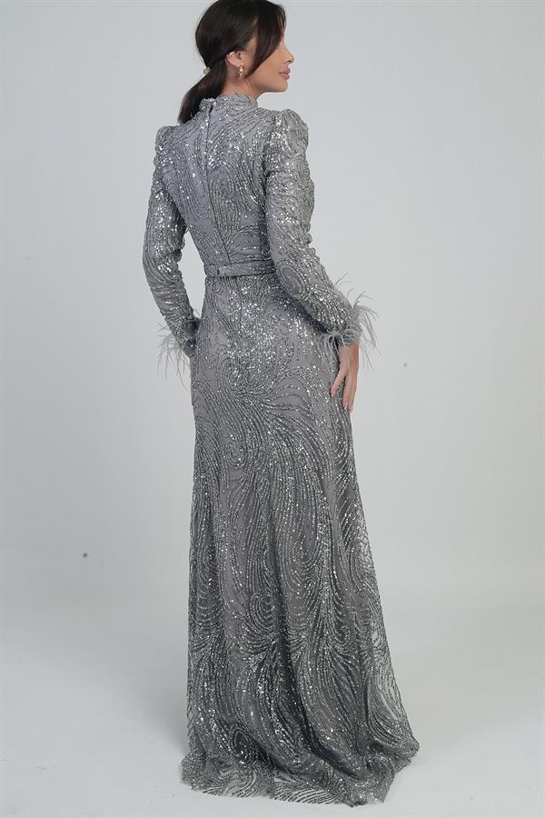 Robe longue en tulle pour femme avec manches à plumes, perles et sequins, et doublure