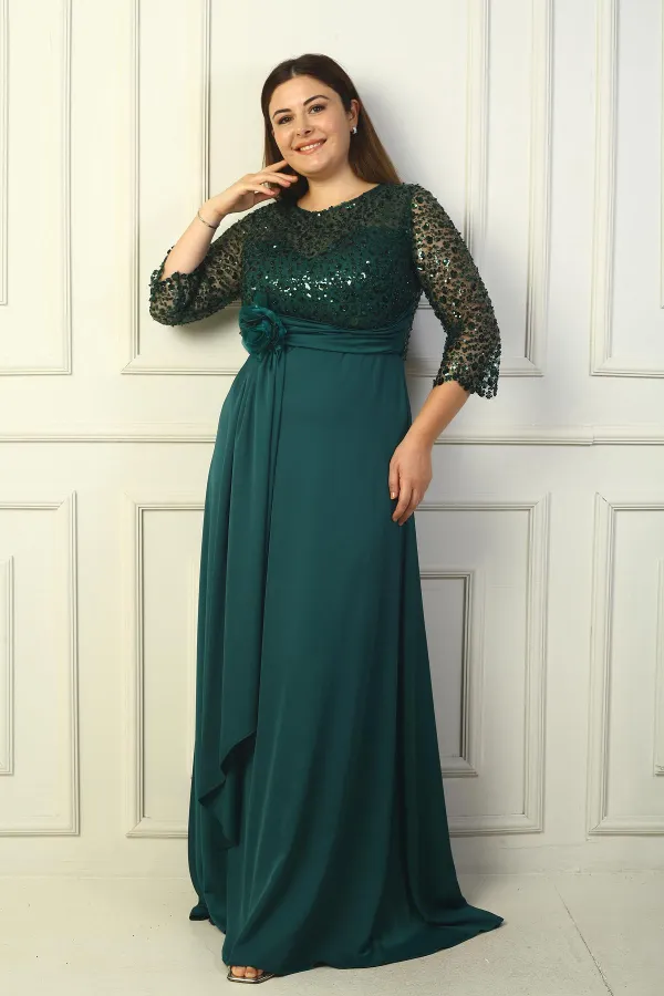 Kadın Çiçekli Altı Saten Üstü Gritel Astarlı Büyük Beden Uzun Elbise