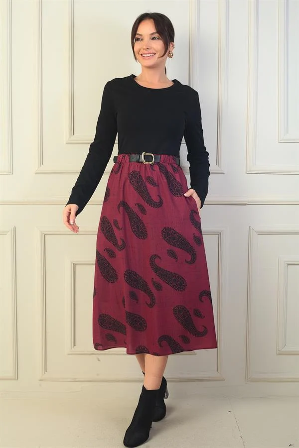 Kadın Beli Kemerli Eteği Şal Desenli Astarlı Elbise