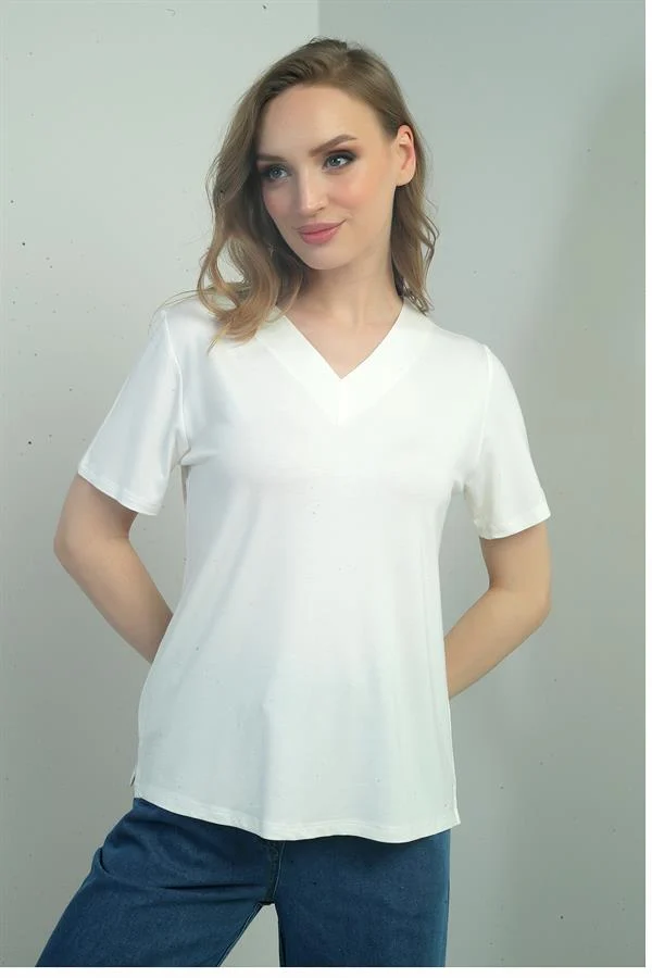 Women's V-Neck Short-Sleeve Blouse with Slit
