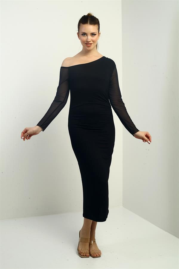 Kadın Kristal Tül Kollu Beli Büzgülü Uzun Elbise