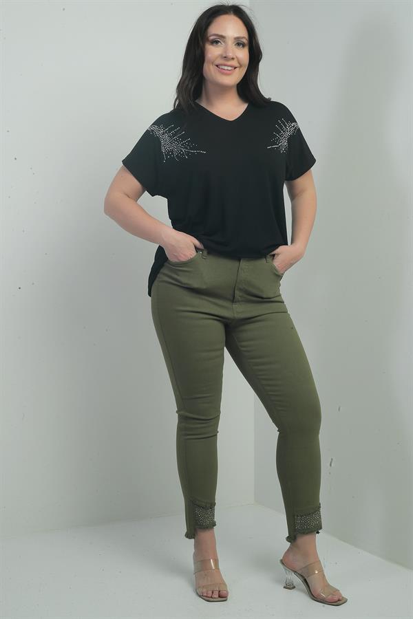 Pantalon en toile grande taille pour femme, coupe slim, orné de pierres et de pompons, en tissu Lycra.