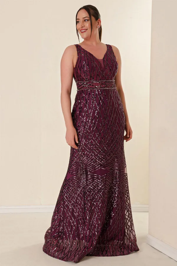 Robe longue à sequins grande taille pour femme, col en V, doublure, détails perlés