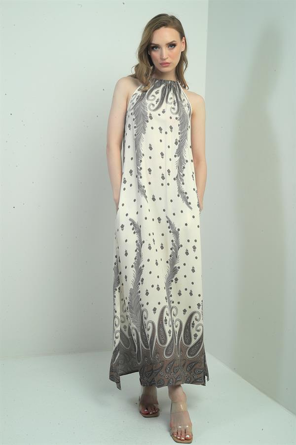 Women's Halter Neck Tie-Up Floral Print Long Dress with Pockets