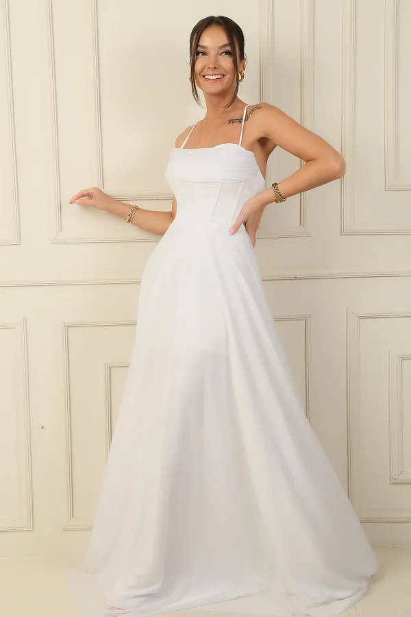 İp Askılı Balenli Üstü Drapeli Astarlı Tül Simli Uzun Abiye Elbise