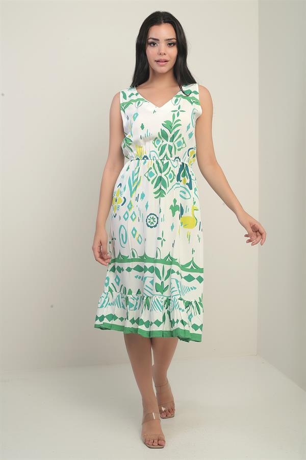 Women's Front Back V Neck Elastic Waist Pocket Mixed Geometric Pattern Ruffle Dress