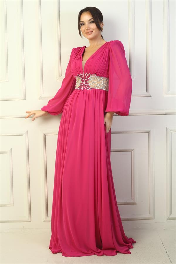 Robe de soirée longue en mousseline de soie avec col en V et doublure brodée pour femme