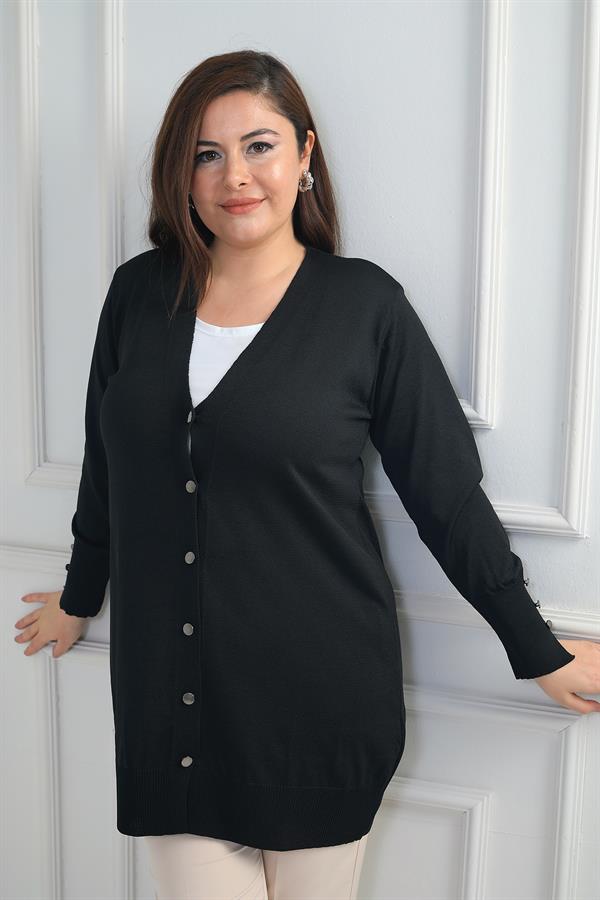 Kadın Kolları Düğme Detaylı Soğuk İplik Büyük Beden Uzun Hırka