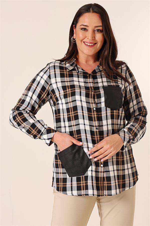 Chemise à carreaux grande taille avec boutons métalliques, détails en cuir, double poche et manches retroussables