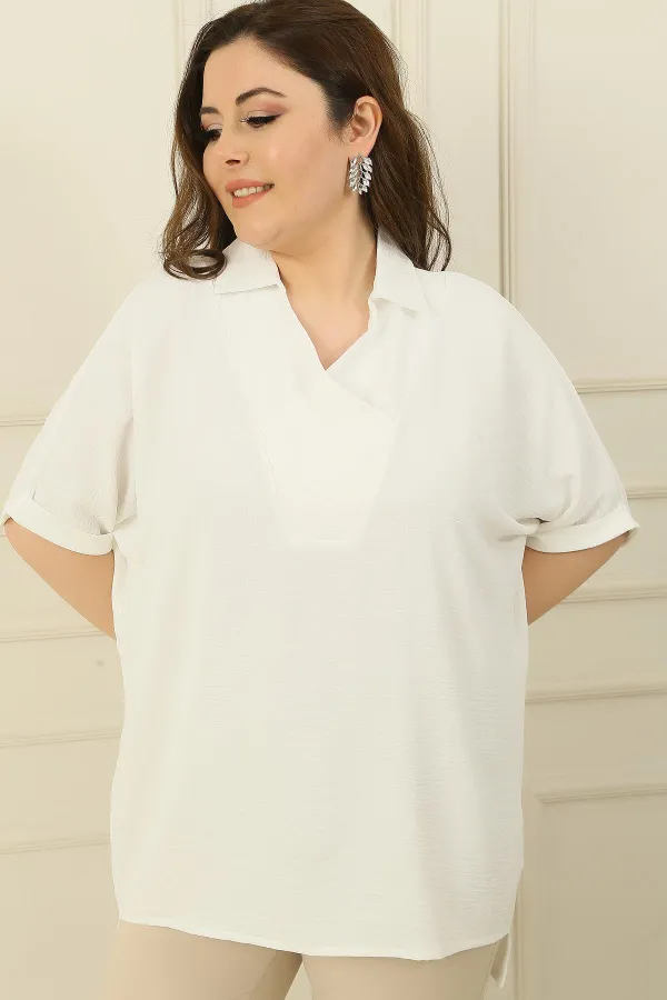 Double Breasted Polo Collar Short Sleeve Ayrobin Plus Size Blouse