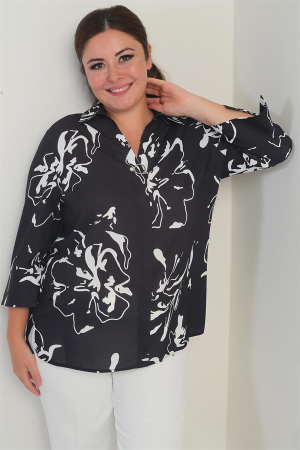 Chemisier grande taille à col polo et manches trois-quarts pour femme, motif abstrait