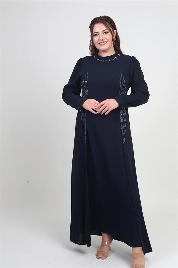 Women's Plus Size Long Dress with Stone and Bead Print