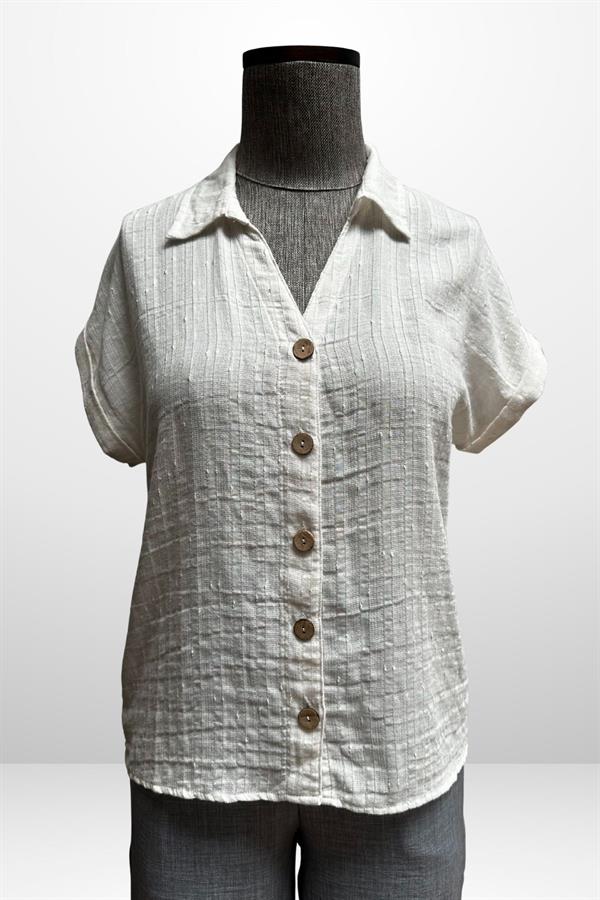 Kadın Polo Yaka Kendinden Desenli Keten Gömlek