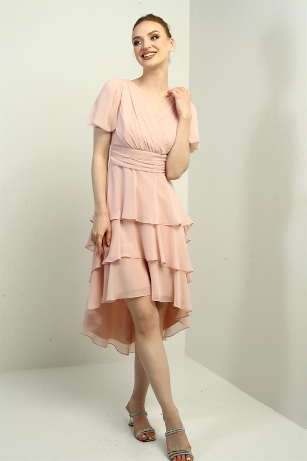 Kadın Kruvaze Yaka Arkası Fermuarlı Katkat Pileli Şifon Elbise