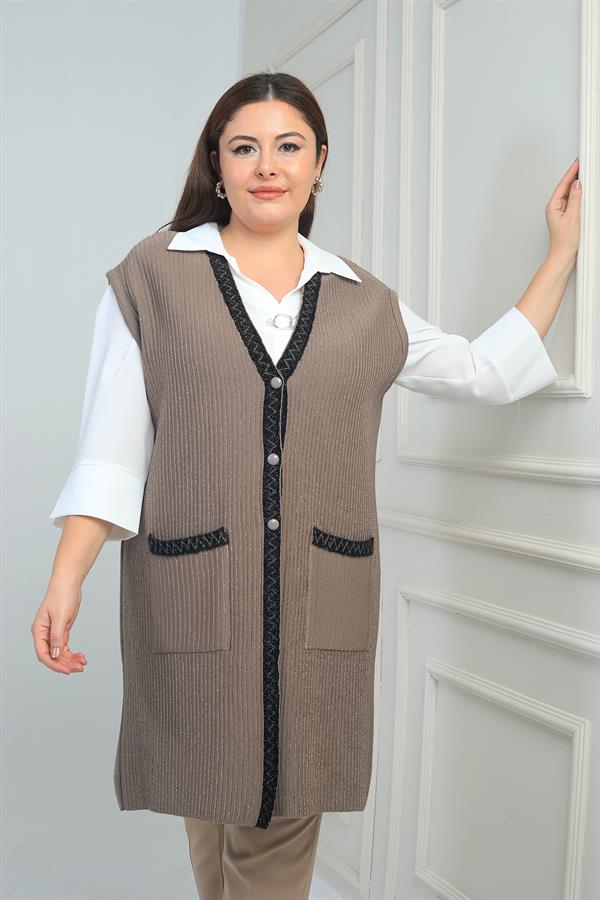Gilet long en maille pailletée grande taille à rayures et poches pour femme